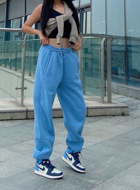 加厚纯色雾霾蓝色街头宽松男女松紧腰街舞嘻哈运动长裤束脚裤抓绒