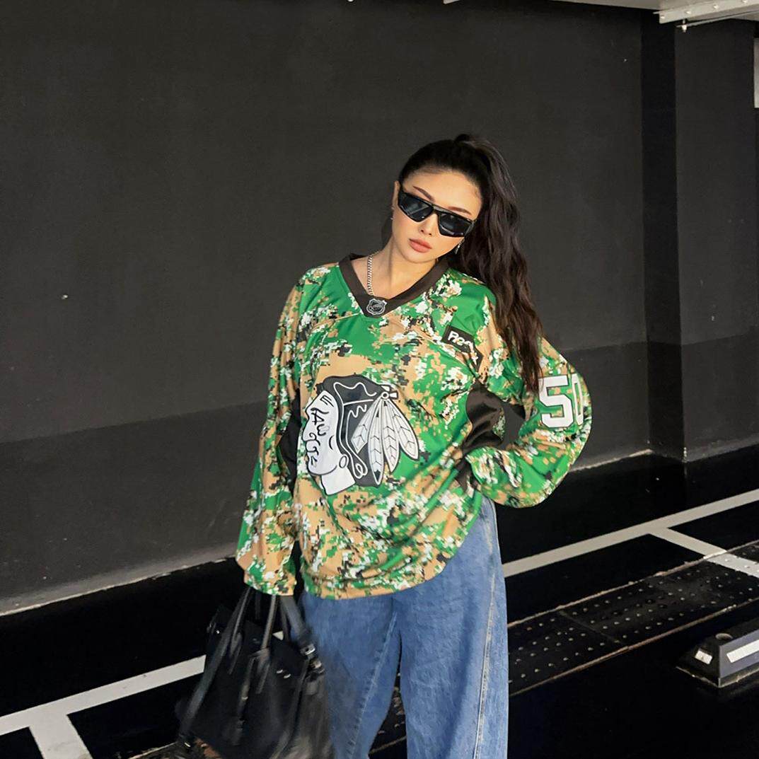 男女街头迷彩冰球服嘻哈hiphop大码BF风套头球衣街舞棒球服情侣装
