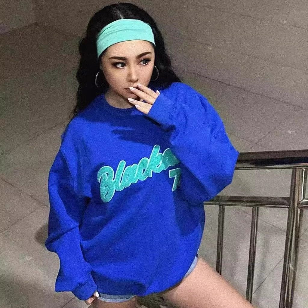 男女宽松加大BF欧美式街头蓝色字母休闲数字长袖INS球衣套头卫衣