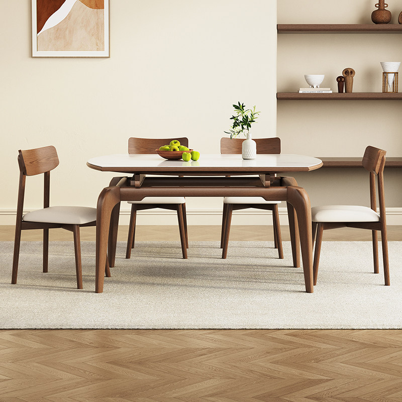 可伸缩岩板餐桌椅组合北欧简约家用小户型多功能实木餐桌方变圆桌