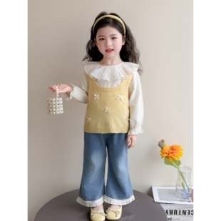 女童春装套装2026新款洋气儿童蝴蝶结马甲针织衫春秋款女宝三件套