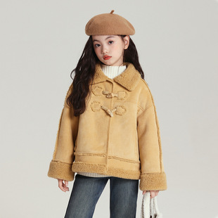 新款 上衣2025冬季 百搭女童皮毛一体外套 翻领童装 外贸儿童短款