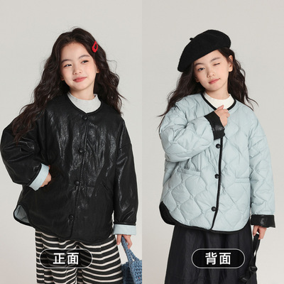 外贸2025冬季新款双面可穿女童羽绒服pu光滑皮面设计菱形格锁绒羽