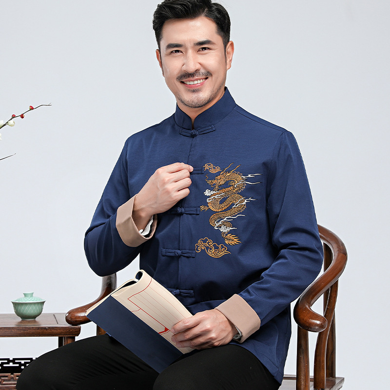 外贸2025春秋男式唐装中国风刺绣龙男士长袖休闲套装中国风唐装外