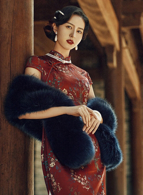 民国风毛绒毛毛外搭旗袍披肩黑色皮草毛披肩军阀太太围脖拍照道具