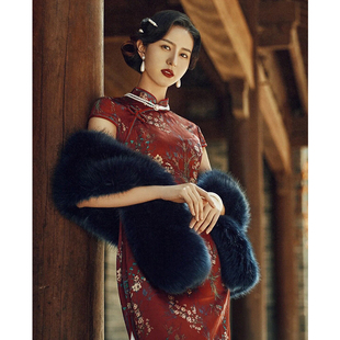 民国风毛绒毛毛外搭旗袍披肩黑色皮草毛披肩军阀太太围脖拍照道具