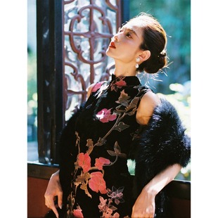 黑色毛披肩旗袍外搭礼服皮草毛绒民国夜上海军阀太太围脖拍照道具