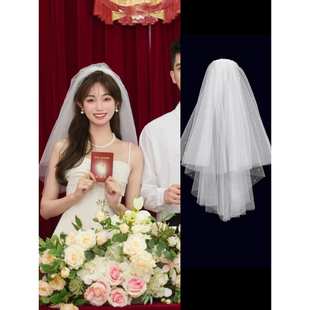 新娘轻头纱主婚纱求婚头饰高级感结婚拍照道具领证订婚白色蓬蓬纱