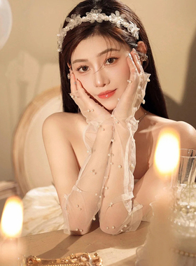 五指钉珠网纱长手套结婚写真拍照