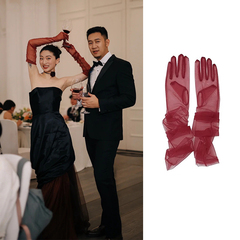 红色网纱长款手套新娘敬酒服结婚婚纱拍照复古婚礼礼服配饰高级感