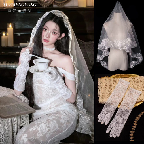 雪梦羊新娘头纱白色蓬蓬纱刺绣