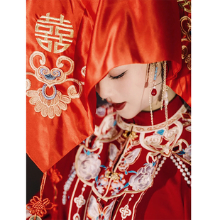 新娘红盖头结婚中式婚礼头纱秀禾服高级蒙头红色流苏喜帕凤冠霞帔