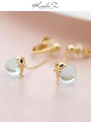 Japanese design fresh cute girl heart dolphin blue crystal ball earrings ear clip earrings ear clip earless female super fairy personality