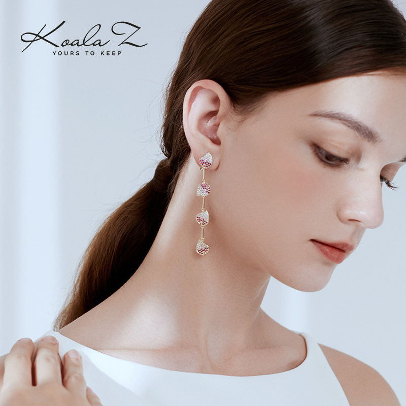 轻奢高级感设计温柔优雅长款粉色锆石满钻叶片流苏耳环无耳洞耳夹