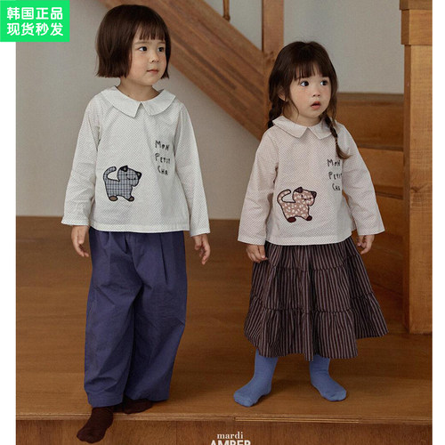 韩国女童长袖娃娃领刺绣衬衫