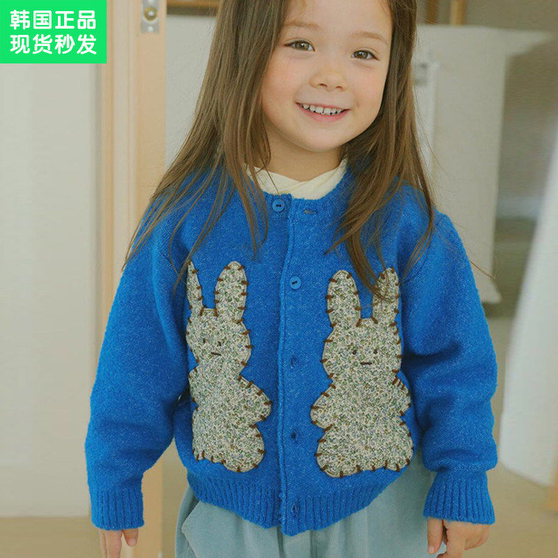 锦小和和 amber韩国童装女童毛衣开衫24秋冬儿童蓝色兔子针织外套