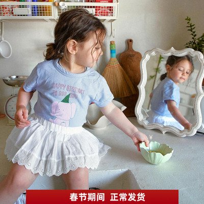 女孩夏季蓝色小象短袖