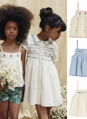 4Z emile进口正品25新款春夏女童吊带背心有机纯棉儿童刺绣上衣