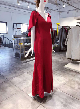 S-M穿 MARCHESA NOTTE 红色装饰肩长款修身显瘦鱼尾晚礼服 1630