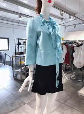 M-L穿 BO0UTIQUE MO0SCHINO 淡蓝色荷叶边洋装丝衫 1050