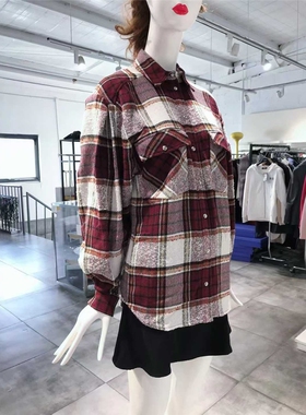 S-M穿 IR0O 高端格纹翻领口袋纽扣女装休闲衬衫 660