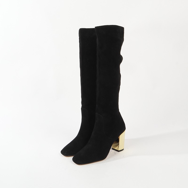 精致小羊细麂皮金粗跟时装靴