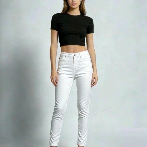 L-XL穿 AG JEANS 白色女士微弹纽扣棉质高腰牛仔裤 338