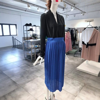 S-M穿 LE TRICOT PERUGIA 时髦感蓝色高腰女装百褶裙半身裙 620