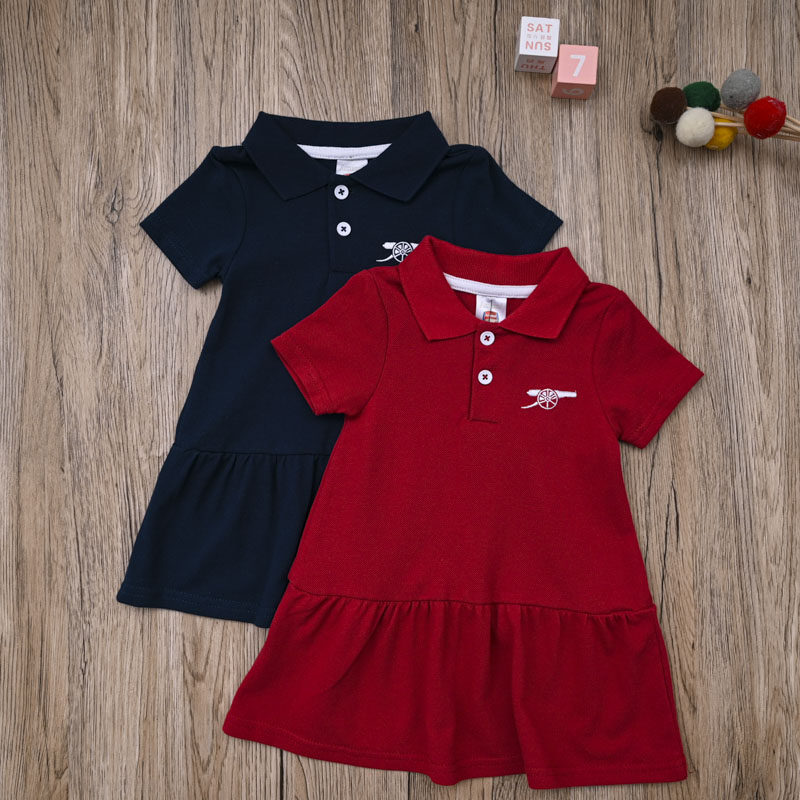 外贸欧美女宝夏款短袖翻领裙子女童纯棉POLO衫裙运动足球服连衣裙