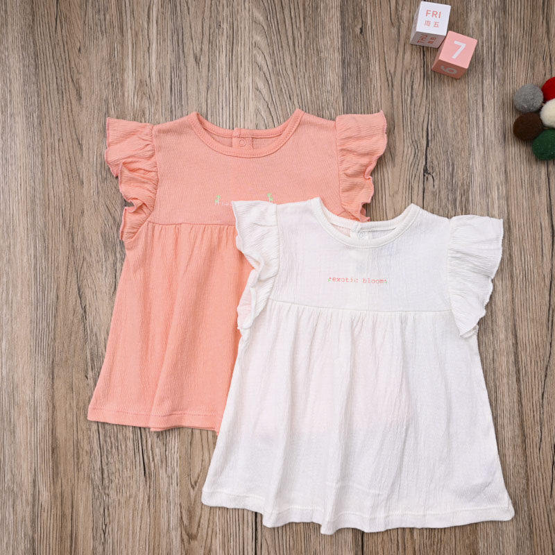 外贸欧美女宝夏款棉质短袖T恤裙式上衣 女童可爱飞袖套头衫娃娃衫