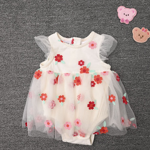 婴儿假两件纱裙式 外贸欧美 三角爬服 纯棉飞袖 哈衣包屁衣 女宝夏款