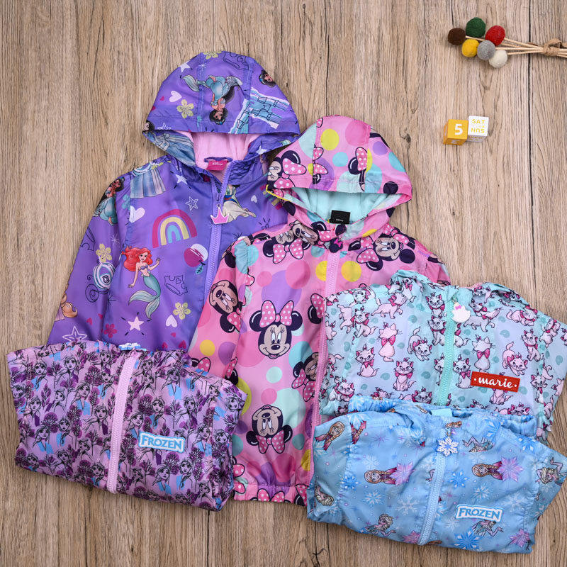 外贸欧美女宝春秋连帽长袖加绒风衣外套女童可爱卡通休闲开衫上衣