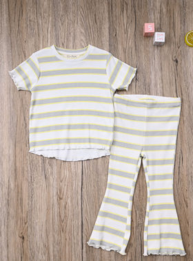 JS外贸欧美女宝夏款棉质短袖T恤上衣 女童喇叭裤休闲裤子两件套装