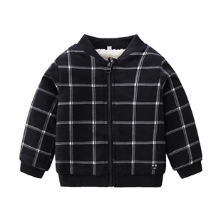 Z外贸欧美 男宝冬天毛绒衫拉链衫男童冬款保暖格子棒球服开衫外套