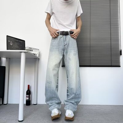 美式水洗做旧刮破抓痕牛仔裤男女宽松显瘦喇叭猫须阔腿弯刀长裤子