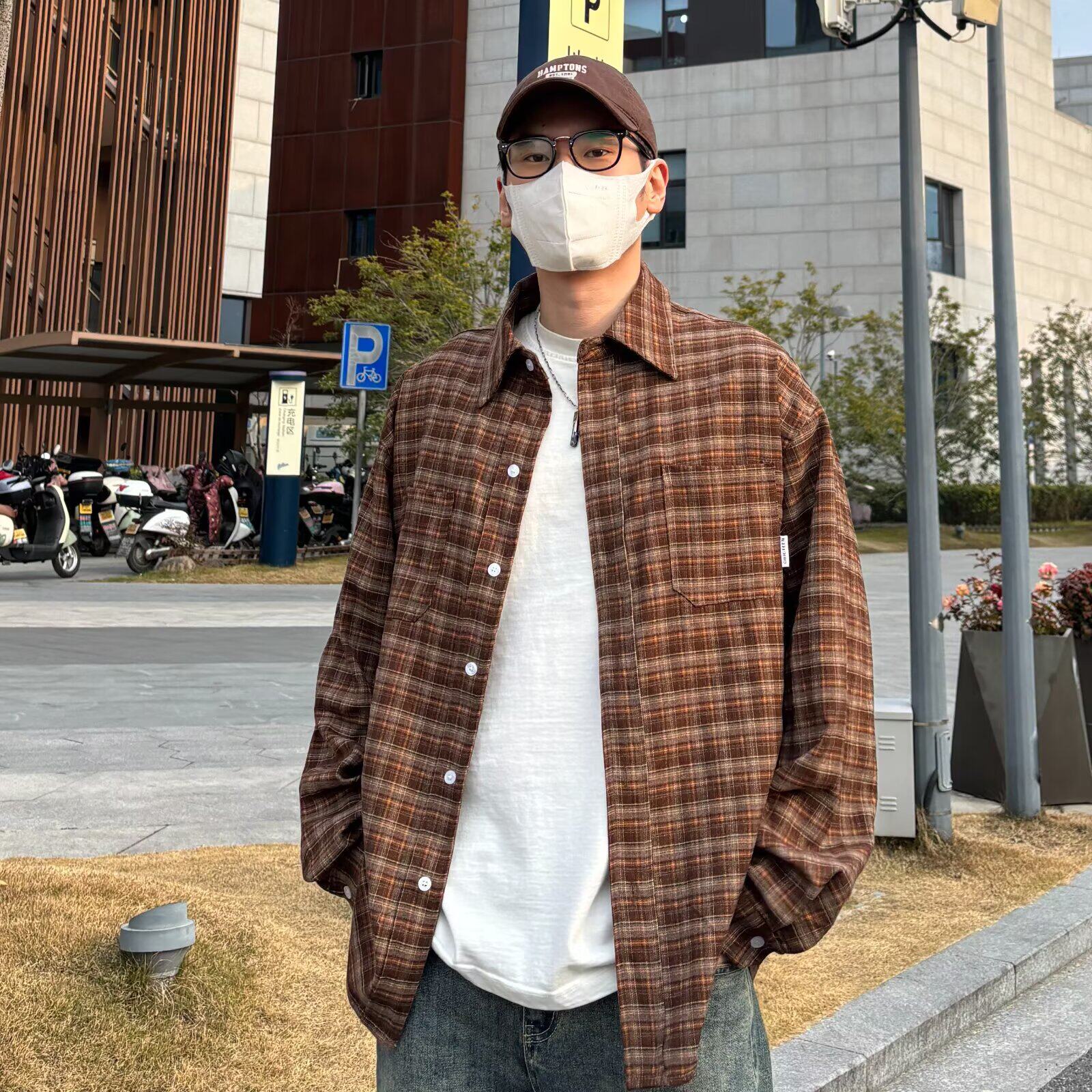 日系复古休闲格子衬衫男春秋20衬衫