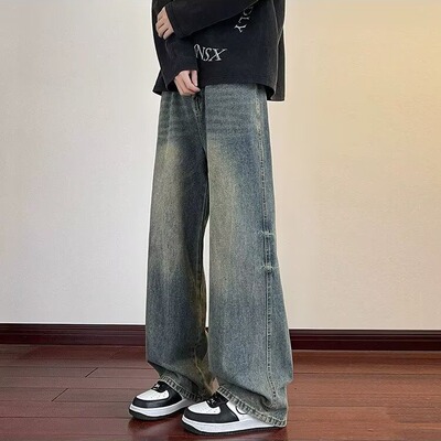 春季水洗复古弯刀牛仔裤男士宽松阔腿裤休闲潮流简约百搭做旧长裤