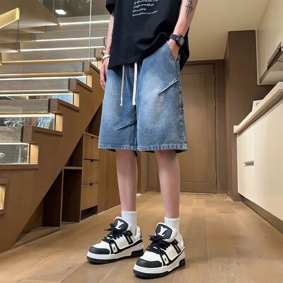 美式复古多口袋牛仔短裤男夏季抽绳宽松阔腿中裤ins风直筒五分裤