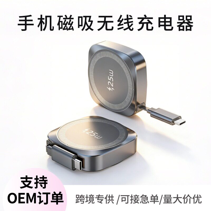 25W手机磁吸无线充电器Magsafe自带伸缩拉伸线无线快充Qi认证适用苹果iPhone17华为