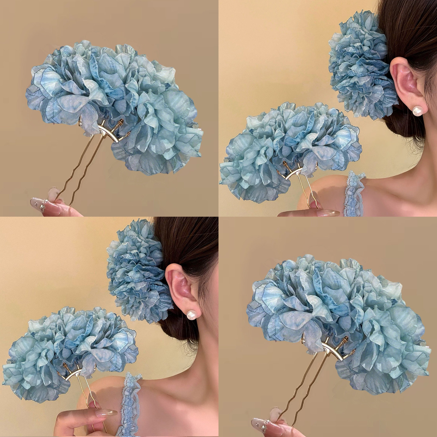 新中式蓝色花朵发簪女发钗独特漂亮侧边发夹度假风高级感头花发饰