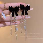 潮小众秋冬款 黑色赫本风蝴蝶结耳环女长款 流苏耳钉2025年新款 耳饰