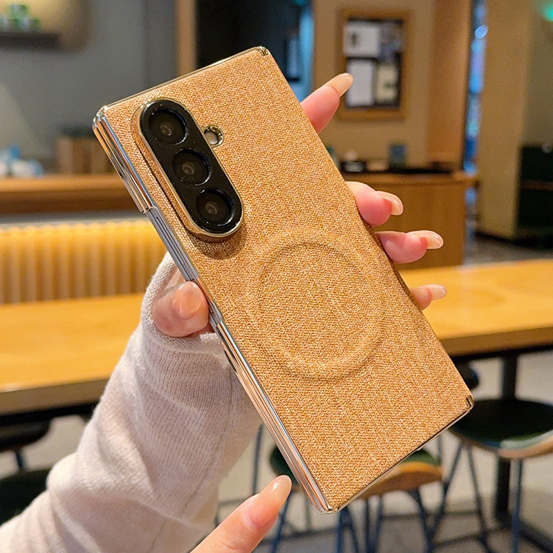 适用三星fold7手机壳galaxy w26电镀布纹皮革zfold7折叠屏铰链z7中轴foid七代全包双边框后壳ford超薄磁吸fod