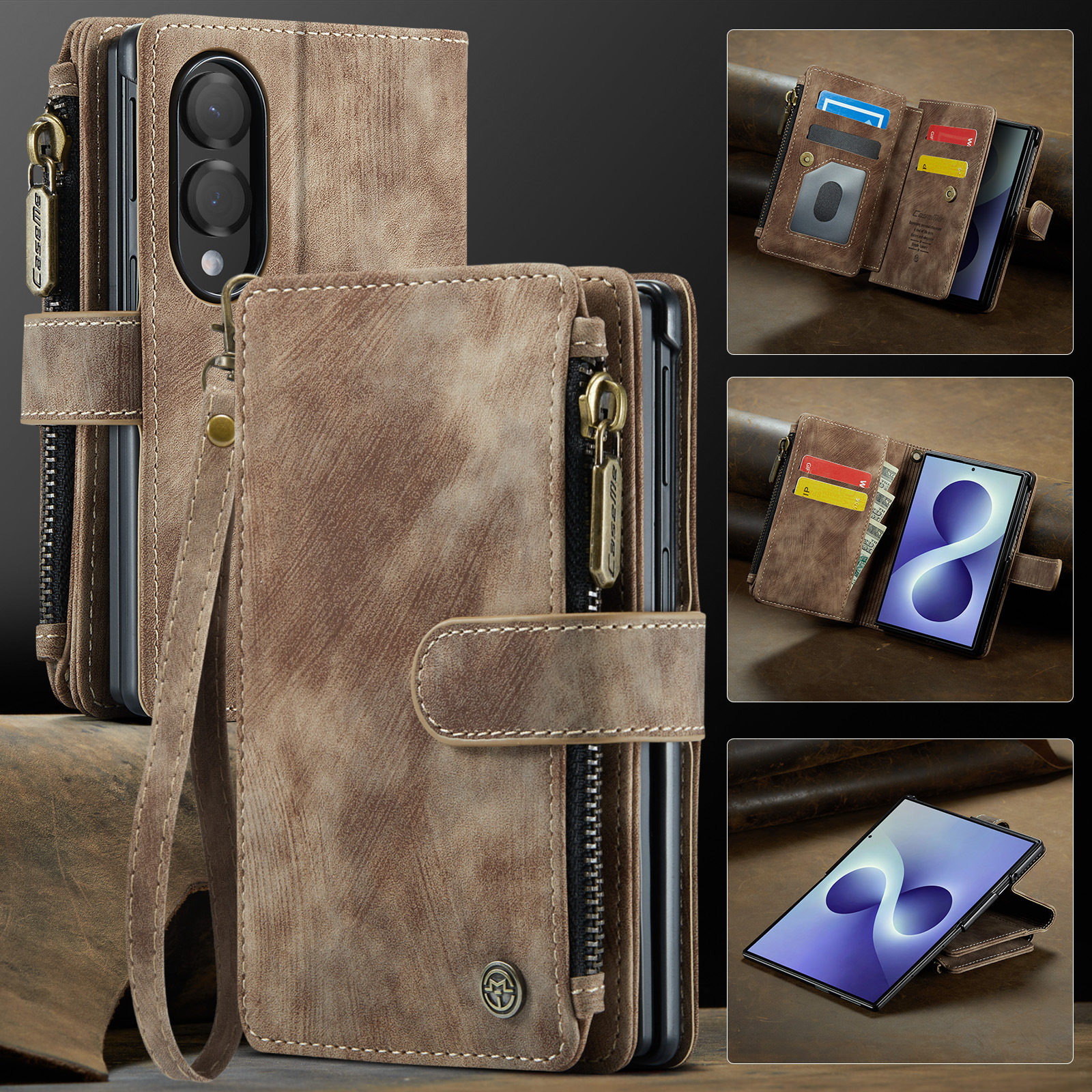 适用三星zfold8手机壳Samsung fold8wide多插卡槽z8拉链钱包保护套folder翻盖式皮套F9710全包防摔case带挂绳