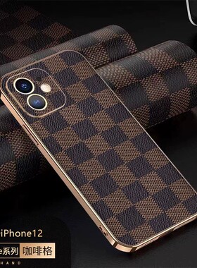 适用苹果14手机壳iphone14promax电镀方格子皮纹ip12pro全包13max硅胶软壳pm超薄por防摔prom皮革pr0max男pmx