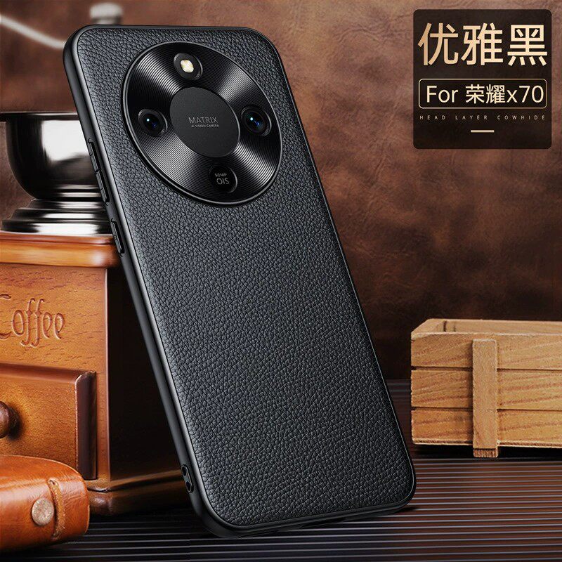 适用华为荣耀x70手机壳honor x70 5g高端商务真皮×7o金属镜头全包保护壳叉七零超薄软边mtn一an00牛皮纹男款