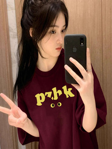 纯棉短袖t恤女酒红色夏季2024新款爆款猫咪眼睛宽松圆领正肩上衣