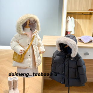 110-155码出口韩冬款女童两色超厚实保暖毛领连帽中长款羽绒服