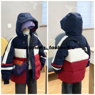 不打折130-170码出口韩冬款男女童红蓝拼色厚实保暖连帽羽绒服