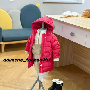 90-100码出口韩冬款男女童宝宝红色洋气保暖长款连帽羽绒服