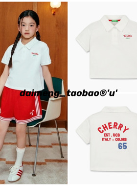 120-150码出口夏款女童中大童红色字母撞色百搭洋气白polo短袖T恤